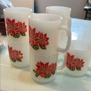 Set of 7 vintage Red and Green Poinsettia Holiday Christmas milk glass mugs